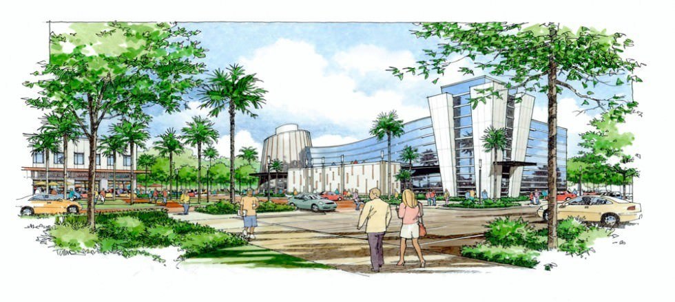Rendering of Pompano Beach Civic Campus featuring transit stations and civic buildings.