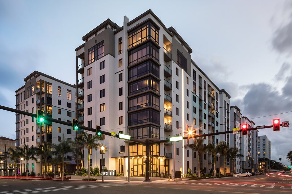 Avanti luxury apartments exterior in downtown St. Petersburg, Florida.